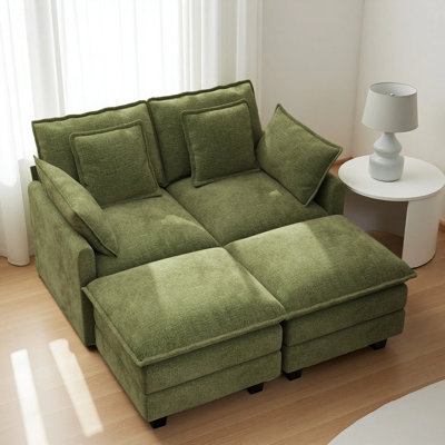 George 57" Upholstered Chenille L Shaped Sectional Loveseat Sofa with Two Ottomans