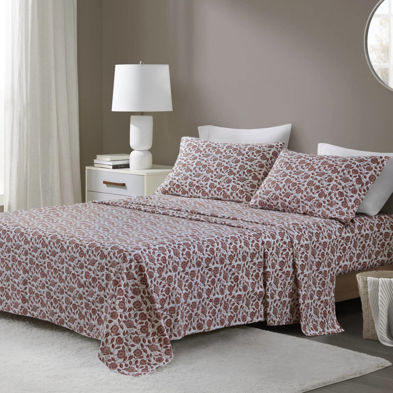Très grand motif floral rouille, 100% flanelle de coton, grande taille pour matelas de 18 po, douceur du coton brossé, coupe ajustée élastique, confort à long terme pré-rétréci, drap plat et 2