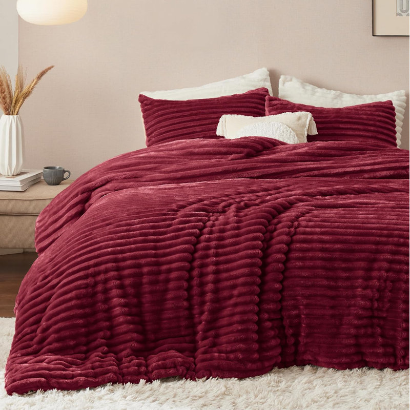 Bedsure Full Size Comforter Sets - 3-Piece Double-Sided Fleece Fluffy Dark Red Bedding, Cozy Striped Aesthetic for Modern & Guest Bedrooms, All-Season Luxury Home Decor