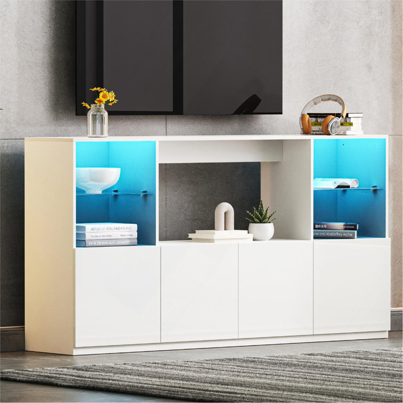 Meuble télé ultrabrillant avec lumières DEL, Blanc, Non