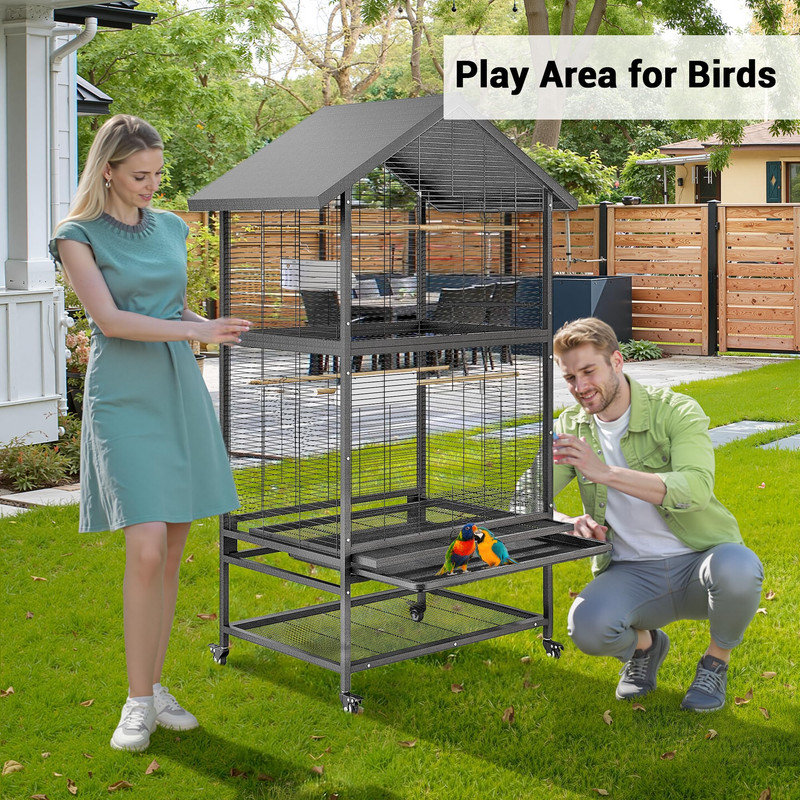 Cage à vol double 65,7 "sur roulettes, grande volière d'oiseaux debout avec perchoirs et bols pour perruches, conures et cacatoès