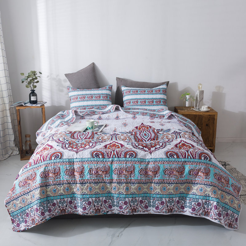 Ensemble de couvre-lit / couvre-lit réversible en microfibre crème / rouge / bleu 3 pièces