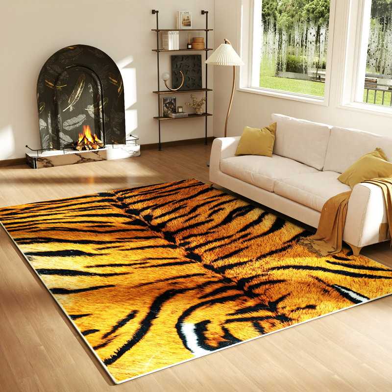 Machine-washable tiger animal print indoor rug with non-slip design, foldable, suitable for living rooms, bedrooms, and dormitories.
