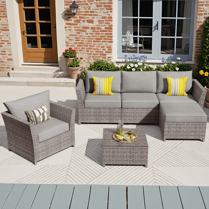 5 - Person Mostly No Assembly Required Patio Furniture Set, Outdoor Wicker Rattan Sectional Seating Group with Cushions, All Weather Sofa Conversation Set for Garden Backyard