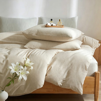 XINMIANFANG Striped Duvet Cover Set,3 Piece 100% Washed Cotton Linen Touch Beige White Vertical Stripe Bedding,Comfy Breathable