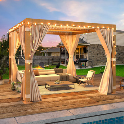 20 ft. W x 10 ft. D Aluminum Pergola with Adjustable Rainproof Louver – Wood-Grain Finish, Removable Curtains & Netting – Extra Long Louvered Pergola for Patio, Pool & Lawn