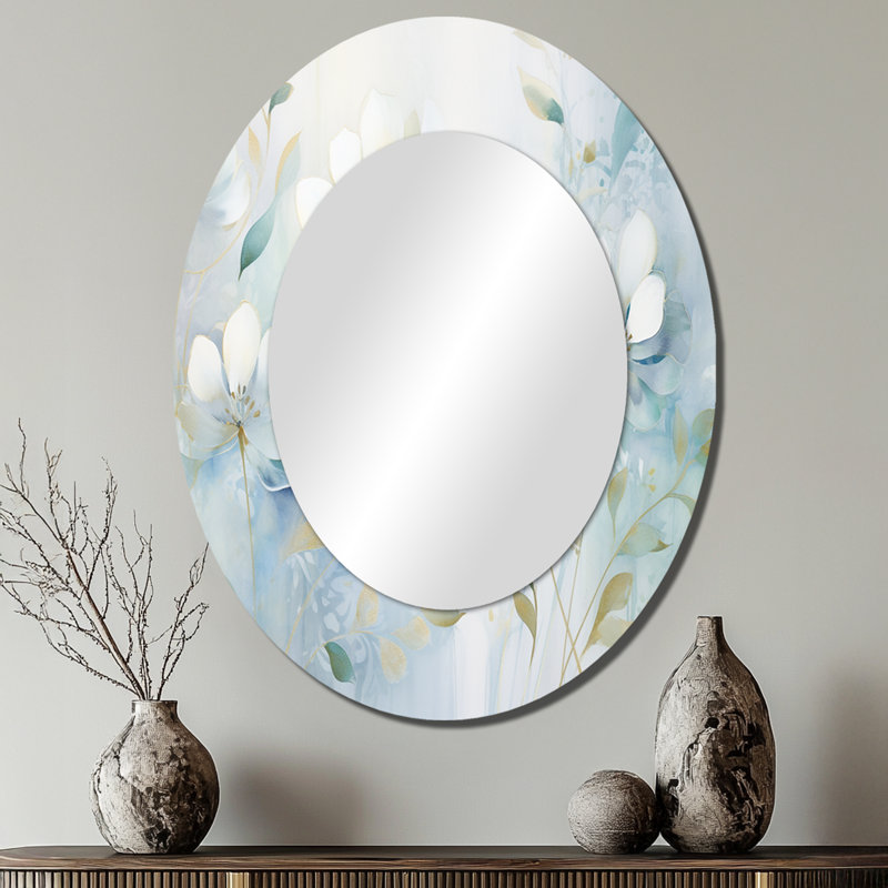 Blue Botanical Rhythms I - Miroir mural moderne ovale, 40 po x 30 po