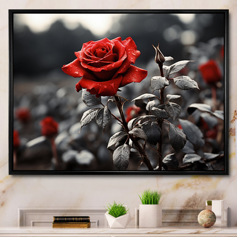 «Red Rose Over Greyscale», reproduction d'art sur toile, 34" H x 44" W, Cadre flottant noir