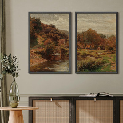 «Rustic Countryside & River Bridge Prints Pastoral Landscape Nature Wilderness Illustration Decor», 2 pièces
