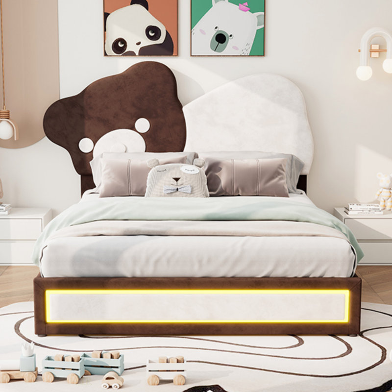 Lit plateforme tapissier double avec tête de lit en forme d'ours, bandes lumineuses à DEL