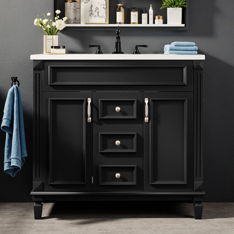 Meuble-lavabo moderne noir 36 "avec lavabo en céramique, portes à fermeture douce et 2 tiroirs, Noir