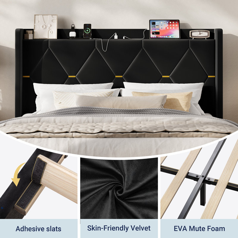 Velvet Upholstered Bed Frame with Charging Station and Storage Wingback Headboard, Double, Noir