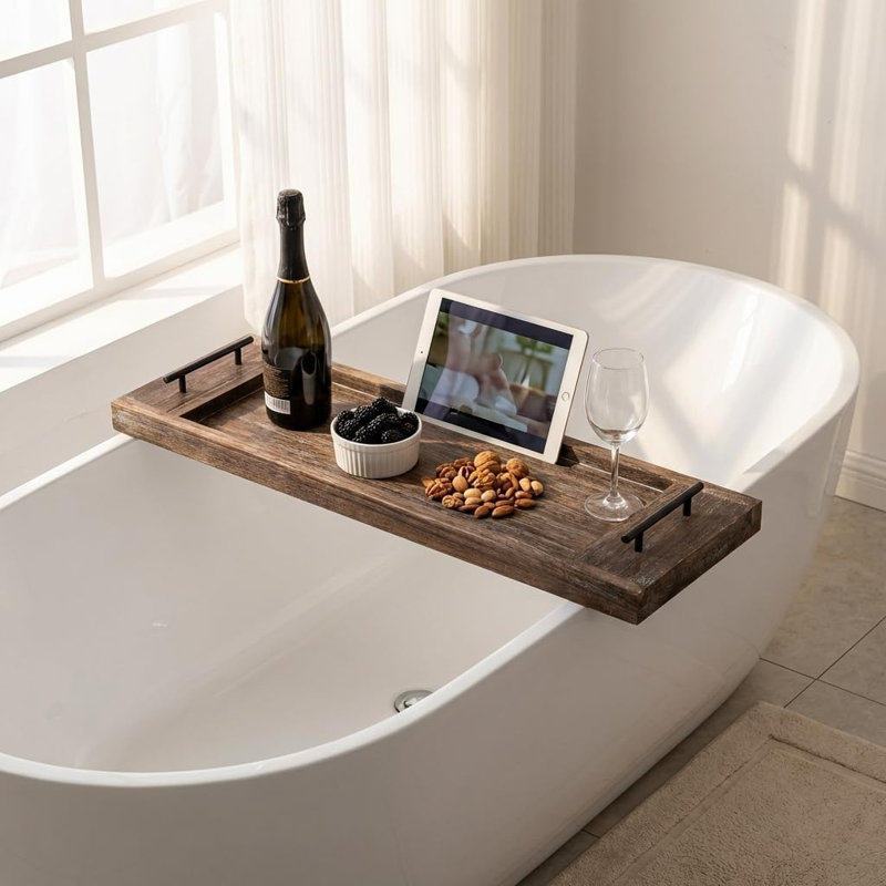 Plateau de baignoire en bois avec poignée, fini rustique vieilli, tablette de salle de bain minimaliste, longue et large, à poser contre le mur.