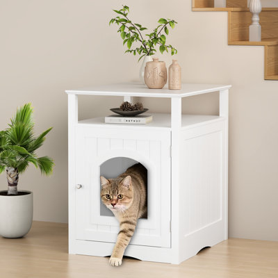 Enceinte de litière pour chat - maison intérieure en bois avec finition blanche, crochet latéral, design caché, tablette fonctionnelle et armoire moderne pour les espaces de vie