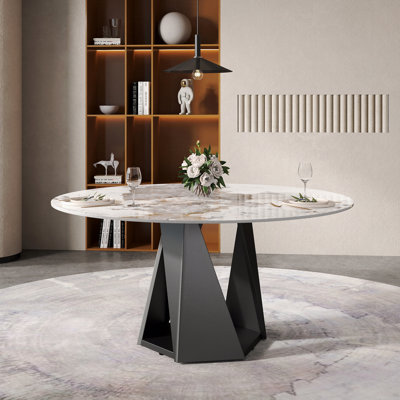 53" Round Dining Table Artificial Marble Bronze Iron Metal Base 6 Person