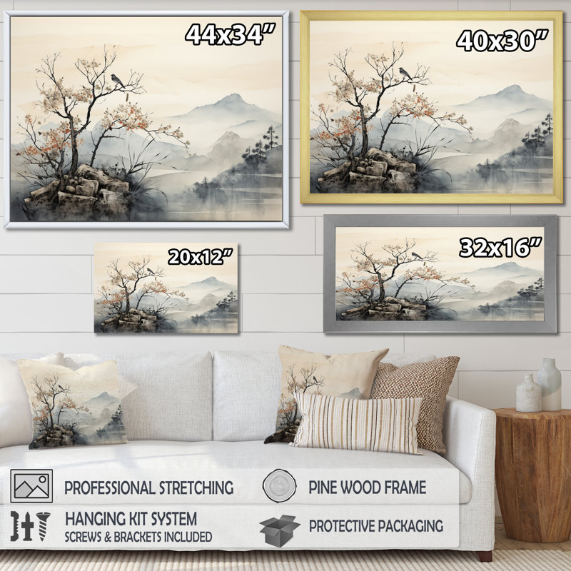 Art asiatique, art mural encadré Sumi Bird Serenity, Cadre flottant noir, H 34 po x l 44 po x P 1,5 po