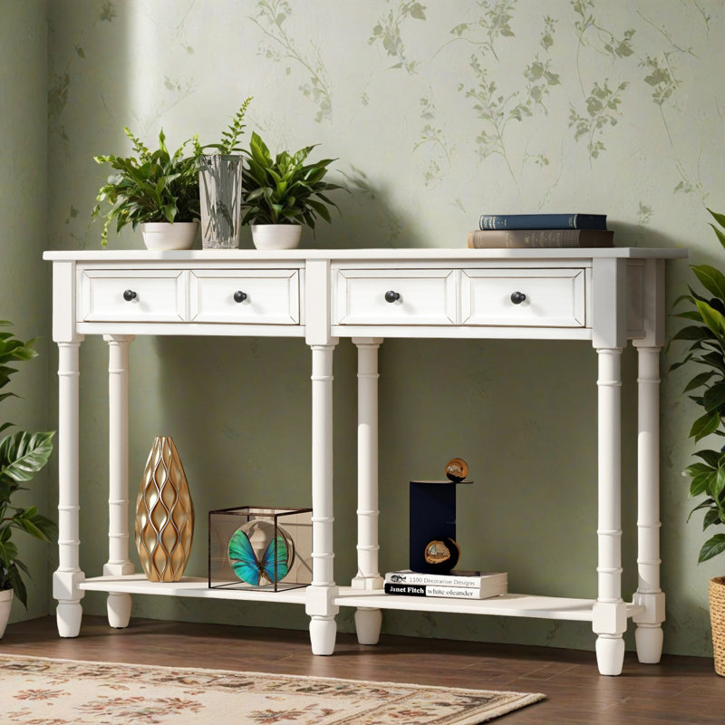 58.02" Console Table, Minimalist Entryway Table with 2 Drawers, Sofa Table with Bottom Shelf for Living Room, Hallway, Ivory