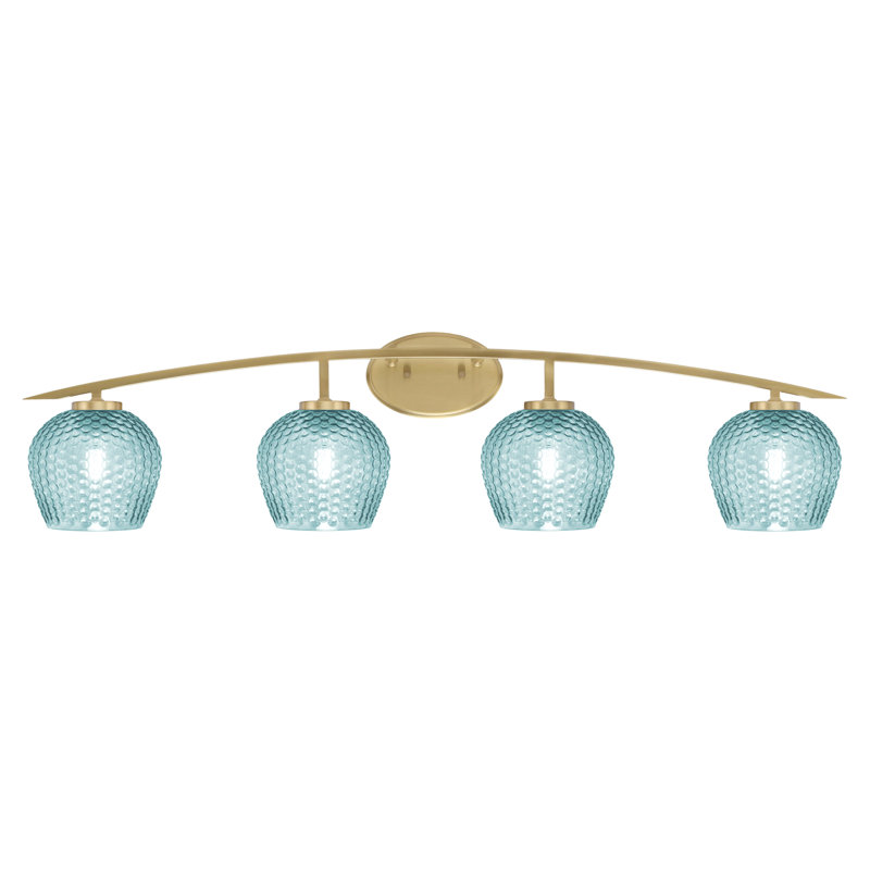 Kurve 4 Light Bath Bar Shown In New Age Brass Finish With 6" Textured Glass, Teal