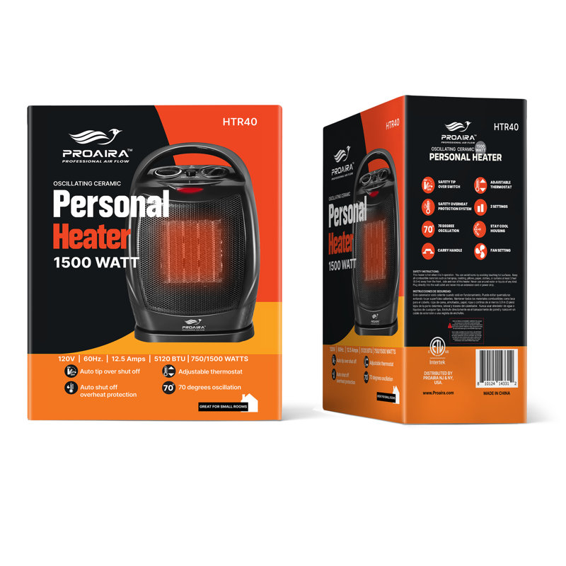 Proaira Black Ceramic Electric Space Heater with Thermostat