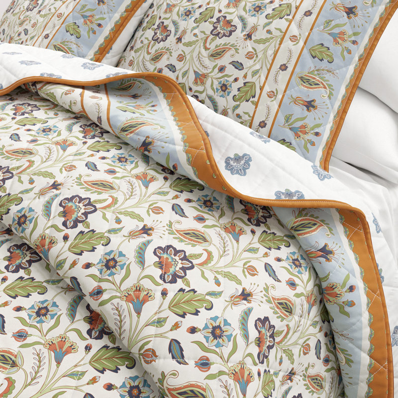 Ensemble de courtepointe à bordure florale en coton, Ivoire floral, Courtepointe très grand et 2 très grandes taies 