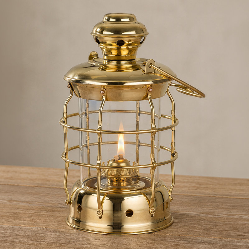 Brass Oil Lamp - 10.25” Decorative Hurricane Lamp with Antique-Style Brass and Glass Body - Round Kerosene Lantern with Built-In Hook - Oil Lanterns for Indoor and Outdoor Use