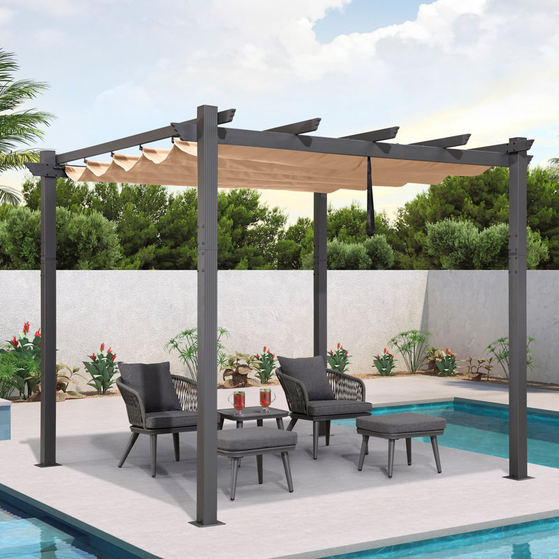 9.8' W x 9.8' D Metal Pergola with Canopy, Khaki