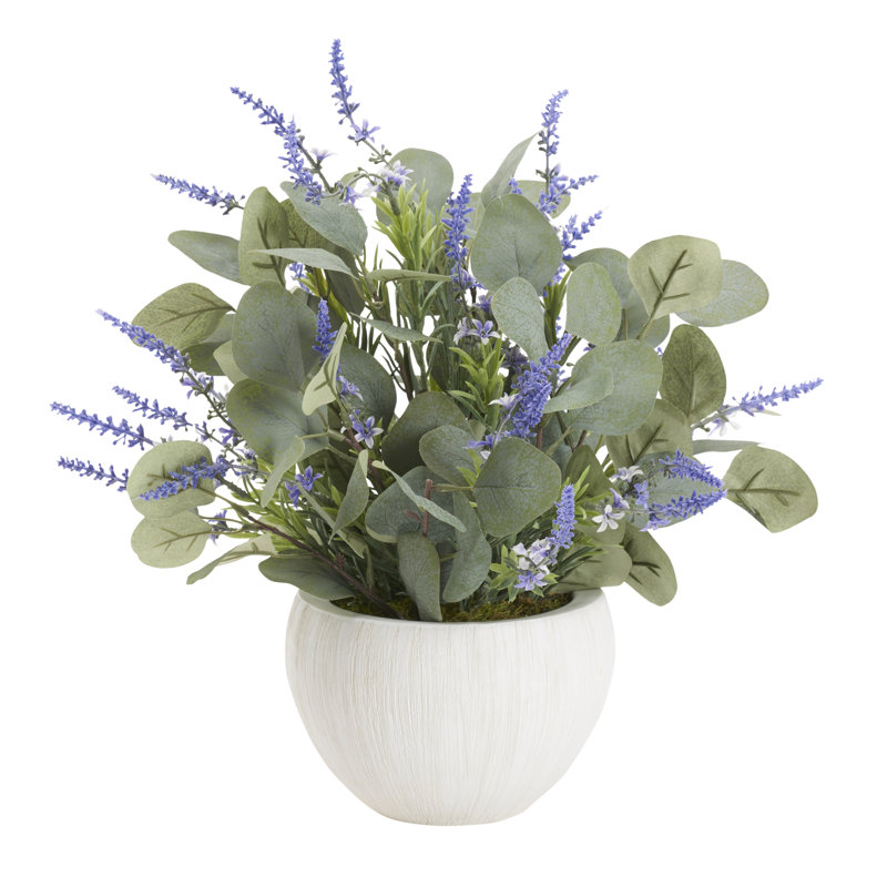 Lavande artificielle et plante d'eucalytus dans un vase décoratif, H 16 po x l 15 po x P 15 po