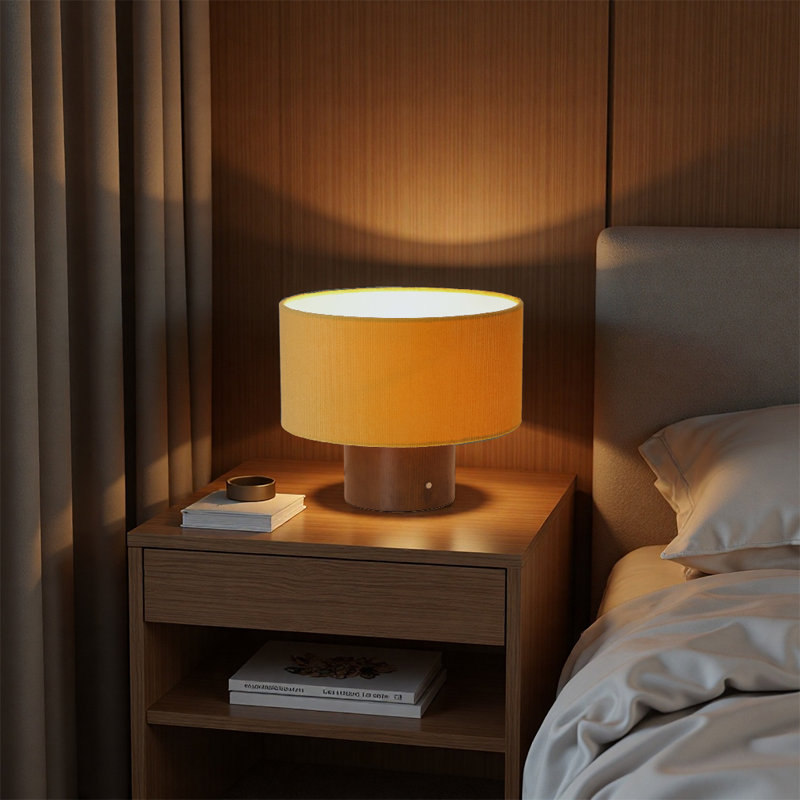 10 po Lampe de bureau et de lecture orange industrielle avec base en bois et abat-jour tambour en velours, Orange