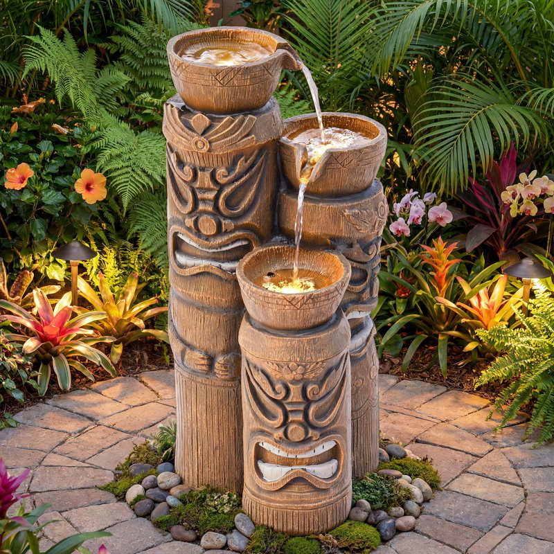 31" Tropical Water Fountain with LED Lights, Tiki Head Bowl Sculpture Cascading Waterfall Decor, 3-Tier Weather-Resistant Resin Outdoor Feature