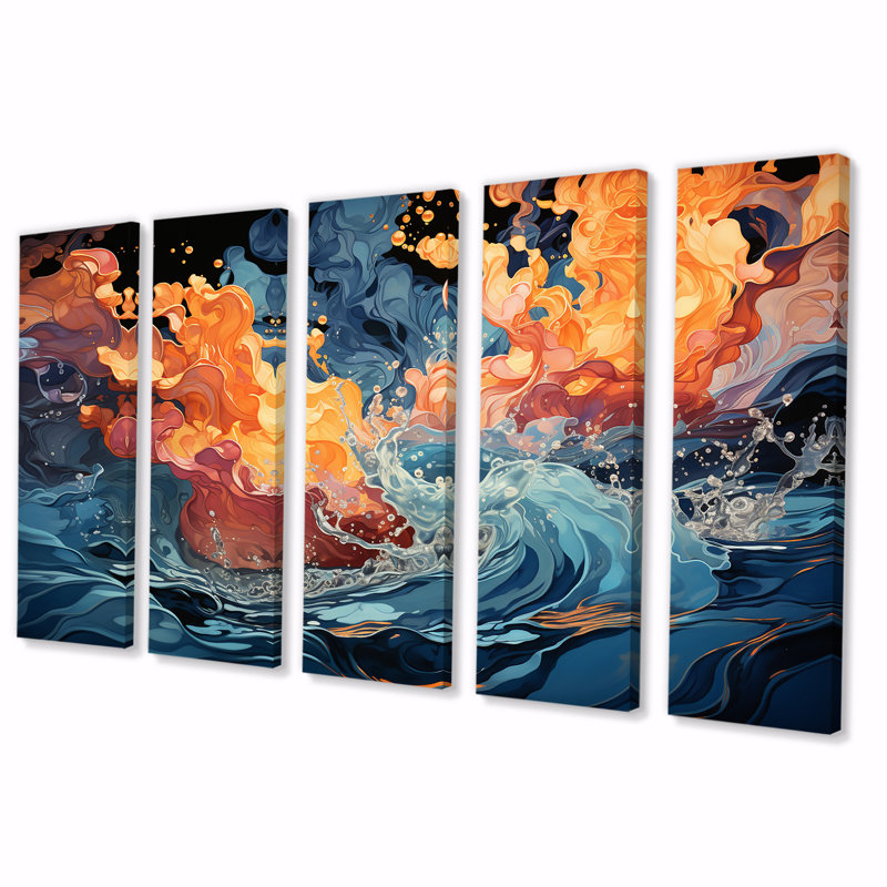 «Orange and Blue Abstract Rolling Tides - Abstract Modern Waves», art mural 5 pièces, H 28 po x l 60 po