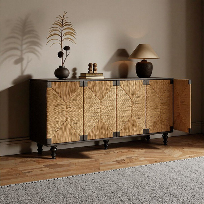 Buffet Seagrass & grain de bois noir avec portes tissées à la main - Armoire de rangement Boho naturelle pour la salle à manger, le vestibule
