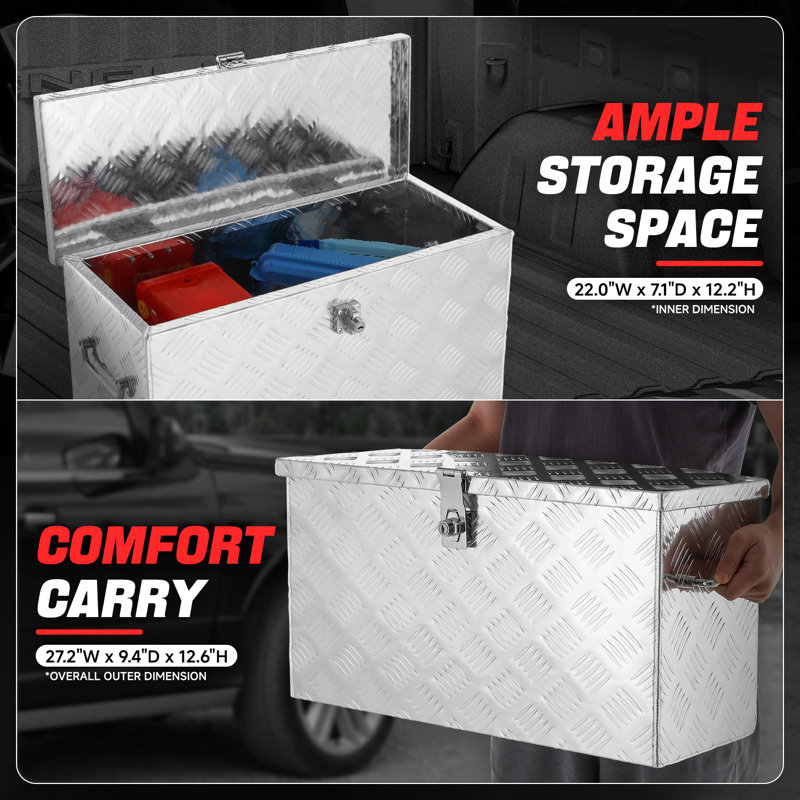 27" Aluminum Truck Pickup Trailer RV Tool Box Storage W/ Fixed Side Handle, SIlver