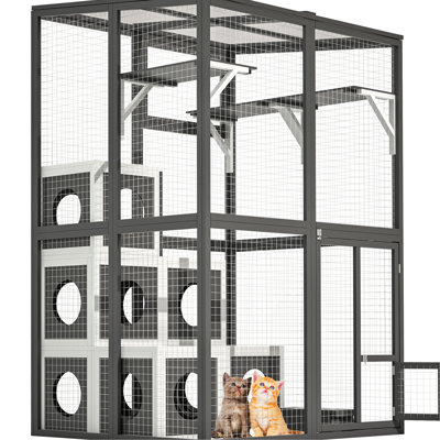 Outdoor Cat Shelter In Grey - Solid Wood With 2 Jumping Areas & 7 Sleeping Spaces Enclosure Napping Houses Platforms, For Use
