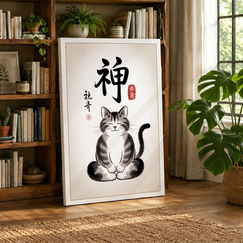 Spirit Cat with Seal Japandi - Wrapped Canvas, 24x16 - 61.0 x 40.6 cm, Teal Border