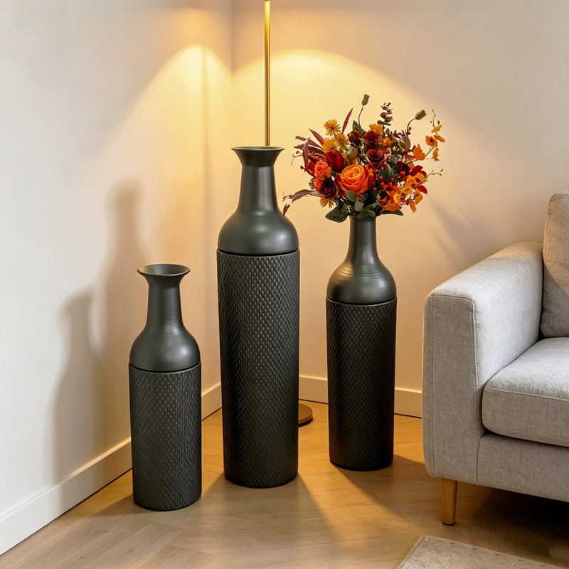 Ensemble de 3 vases décoratifs en métal, vases de sol à motif de feuilles noires et argentées, grands vases noirs et argentés pour la décoration intérieure, décoration de salon et d'entrée