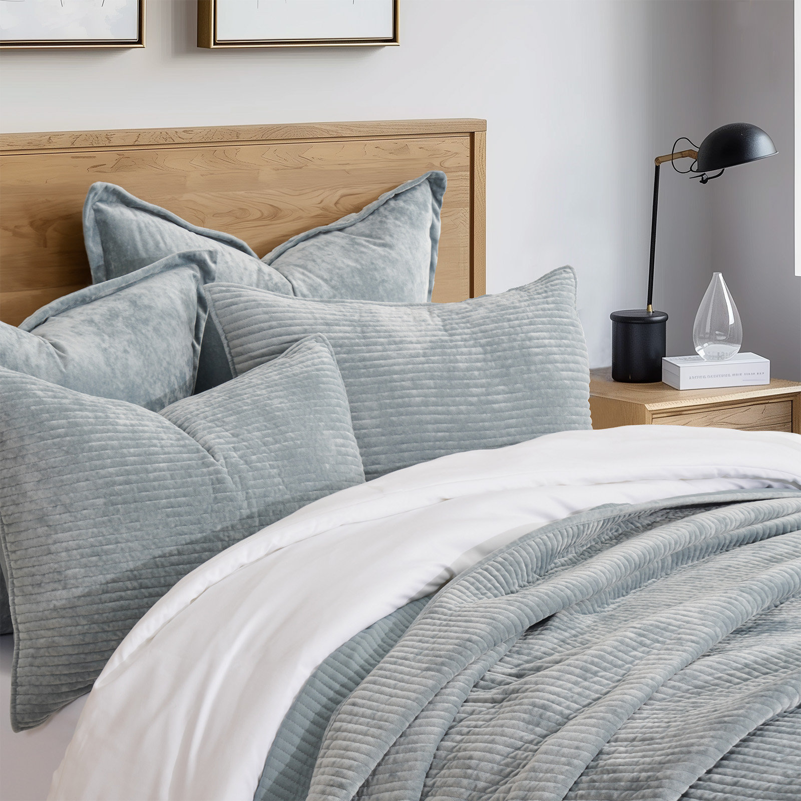 Striped Channel Velvet Quilt Set, Queen, Blue Linen