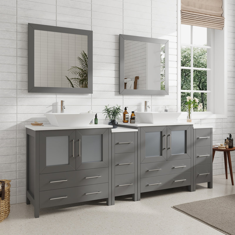  Modern 84" Freestanding Double Sink Bathroom Vanity with Engineered Marble Top and Matching Mirrors, Gray