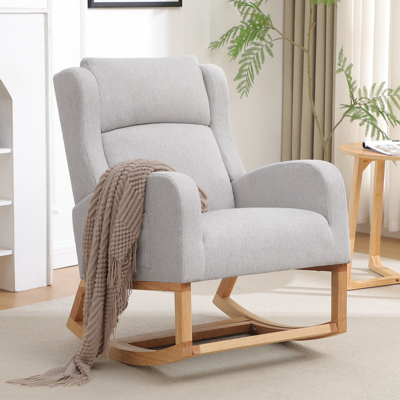 Chaise berçante de 27,3 po de largeur avec pieds et repose-pieds en bois massif, Mélange de lin gris