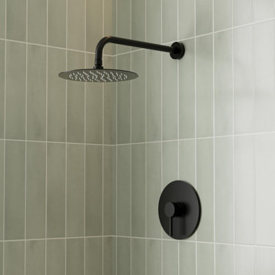  Robinet de douche à pression équilibrée avec pomme de douche à pluie à fonction unique de 10 pouces, 1,75 gallon par minute, en noir mat (valve incluse) 