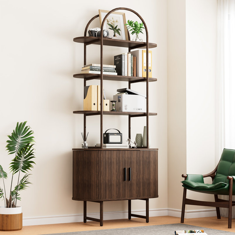 70.8''Tall 4-Tier Arched Bookshelf with Curved Ribbed Enclosed Storage Cabinet Base