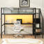 Lit mezzanine double en métal noir avec bureau, escalier de rangement, garde-robe et éclairage à DEL