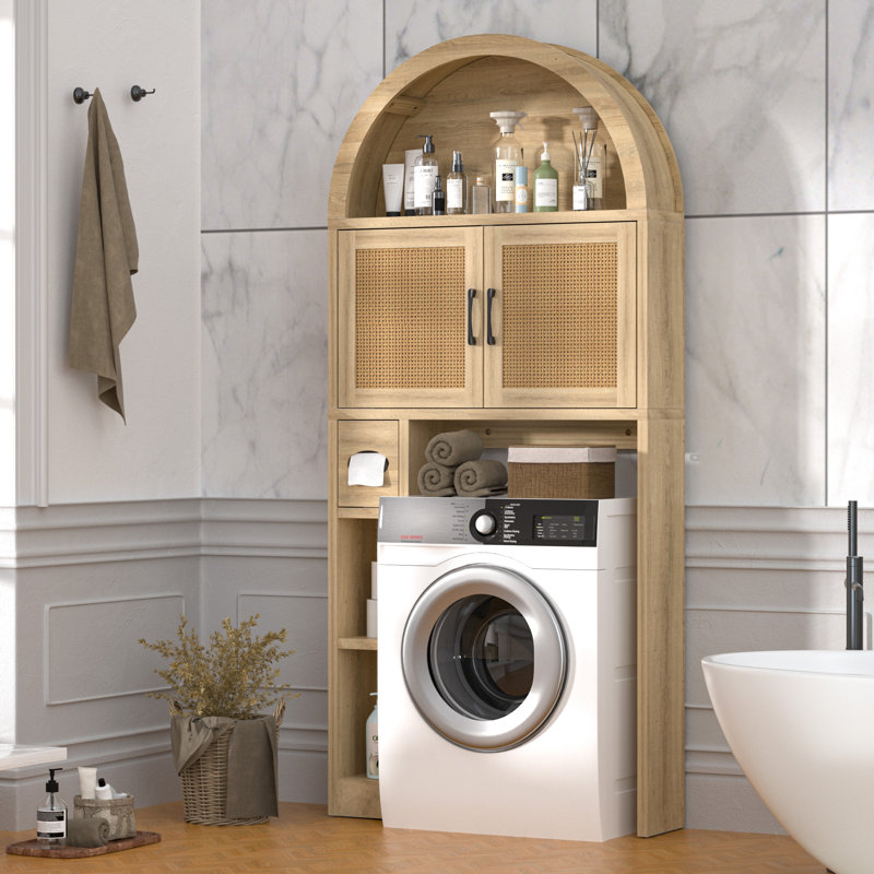 AHB Over The Toilet Storage Cabinet, Freestanding Bathroom Organizer with Adjustable Shelf and Anti-Tip Device, Arched Cabinet with Doors, Space-Saving Toilet Storage for Bathroom, Laundry, Mini Bar