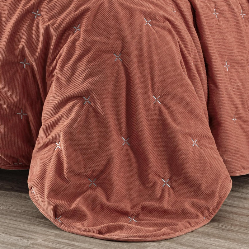  Corduroy Polyester Cross Stitch Quilt Set, Queen Quilt + 2 Standard Shams, Terracotta