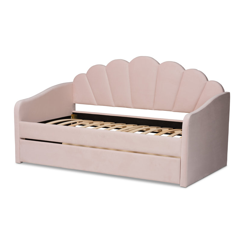 Foust Timila Modern And Contemporary Light Pink Velvet Fabric Upholstered Daybed With Trundle, Twin
