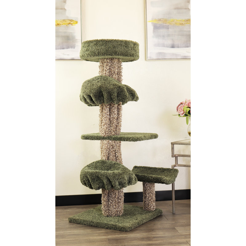 Green and Beige Solid Wood Cat Tree with Sisal Rope