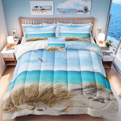 Blue Ocean Bedding Set Beach Themed Comforter Set Queen Size 4 Pcs White Seagull And Seaside Rocks Seascape Pattern Blue Island Scenery Coastal Bedding Sets Ocean Beach Bedding Sets