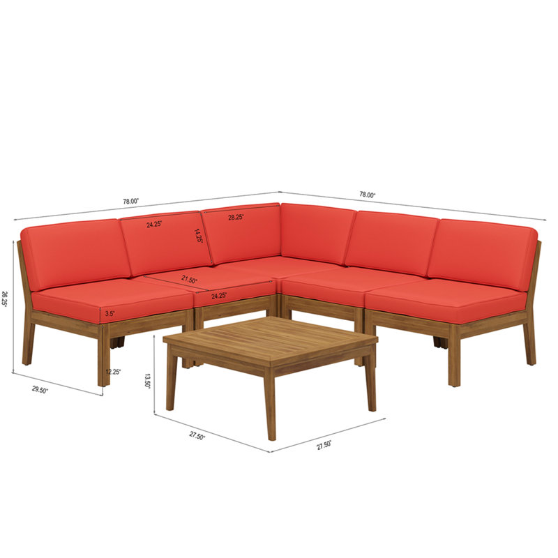 Ensemble de canapé modulaire sans accoudoirs 5 places en bois d'acacia, teck et rouge
