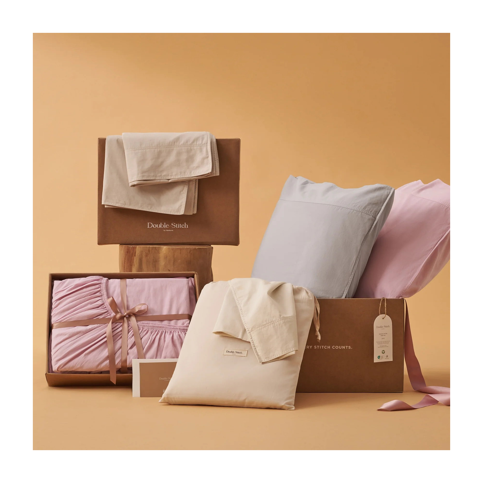 Double Stitch 100% Cotton Sheet Set, King Sheet Set with 2 Pillowcases, Oat