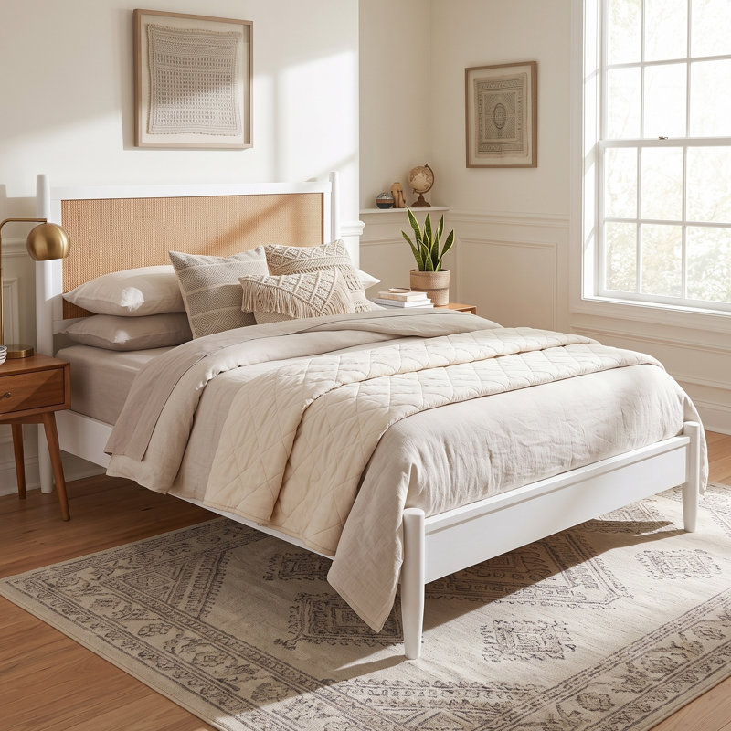 Base de lit plateforme en bois avec tête de lit en rotin, King, Blanc