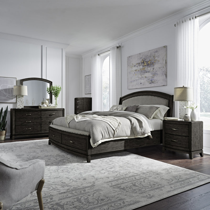 Ensemble de chambre à coucher avec lit de rangement, commode et miroir, commode et deux tables de chevet Drelan, Queen